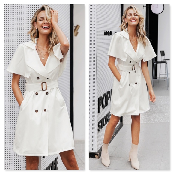 White Trench Double Breasted Belted Midi Dress - Picture 2 of 8